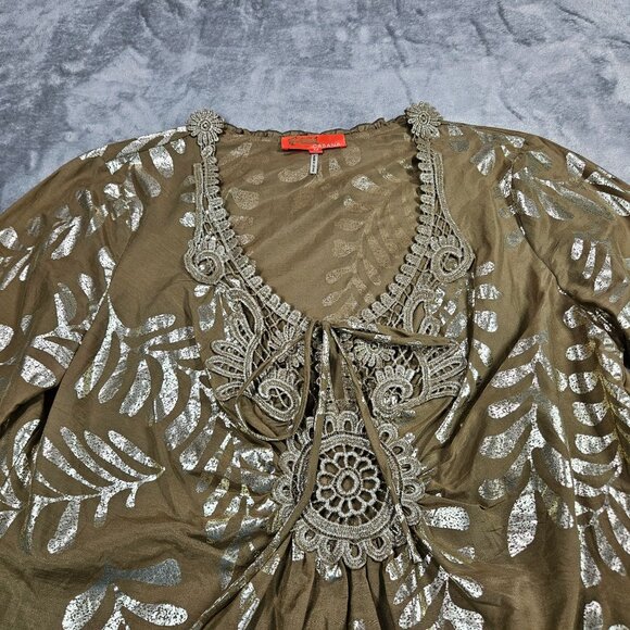 Hale Bob Cabana Top Medium Tan Silk Blend Metallic Silver Palm Leaf Beach Tunic - Picture 3 of 9